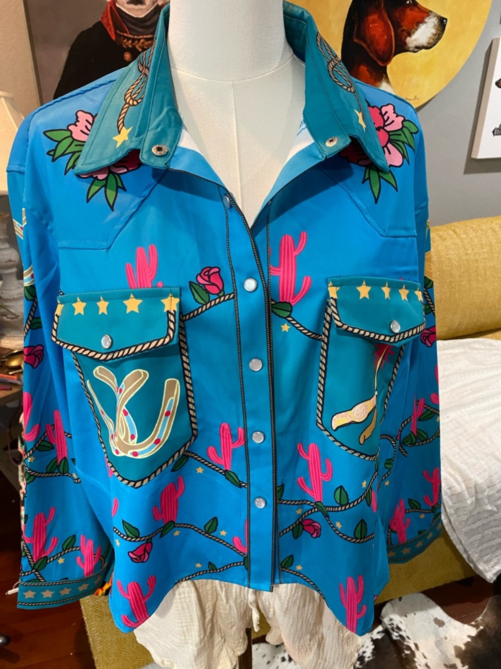 Turquoise Western Print Snap-Front Shirt